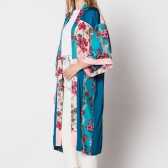 Sandro Ting Printed Floral Botanical Silk and Viscose Kimono Patchwork Jacket - Picture 1 of 9
